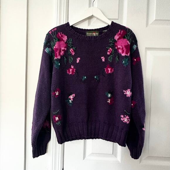 Outback Red Heirloom Collection Purple Handknit Pink Floral Rose Vintage Sweater - Picture 1 of 11